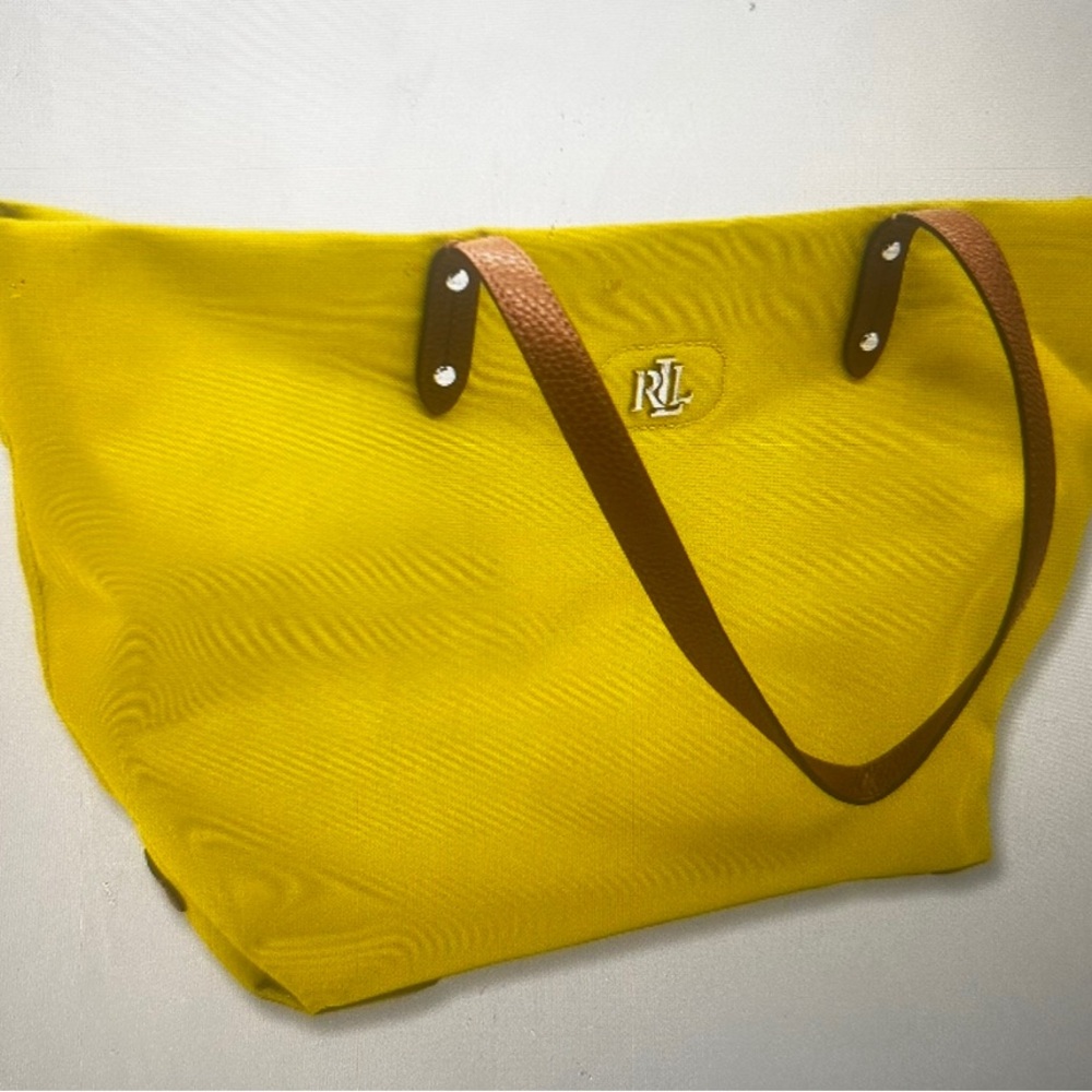 Ralph Lauren Bright Yellow lime Canvas Tote with Brown Leather Straps